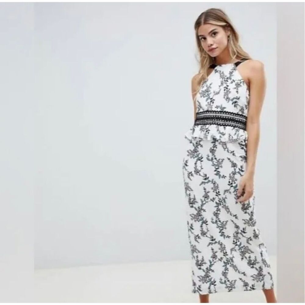 STYLESTALKER Women’s White Black Floral Halter Neck Peplum Midi Dress Size XS